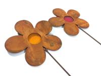 Metal Garden Stake - Rusty Daisy Flower Pair