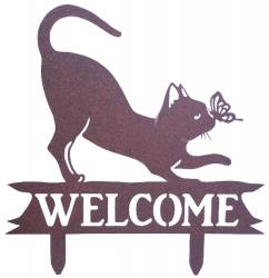 Metal Cat and Butterfly Garden Welcome Sign Stake