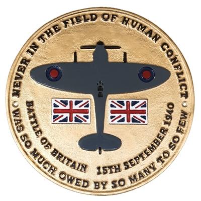 Cast Metal Sign - Battle Of Britain Spitfire Gold Plaque