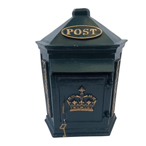 Cast Metal Wall Mounted Post Box With Crown / Letters In Green