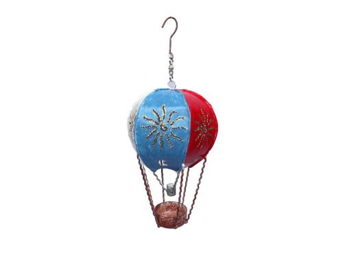 Metal Garden Ornament - Hanging Red White Blue Hot Air Ballloon