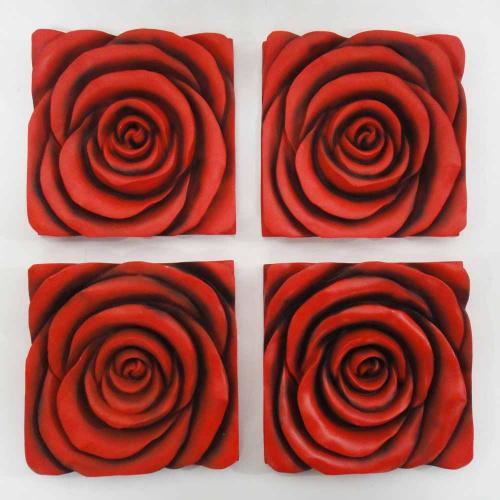 Resin Wall Art - Red Rose In Bloom 4 Panel Set