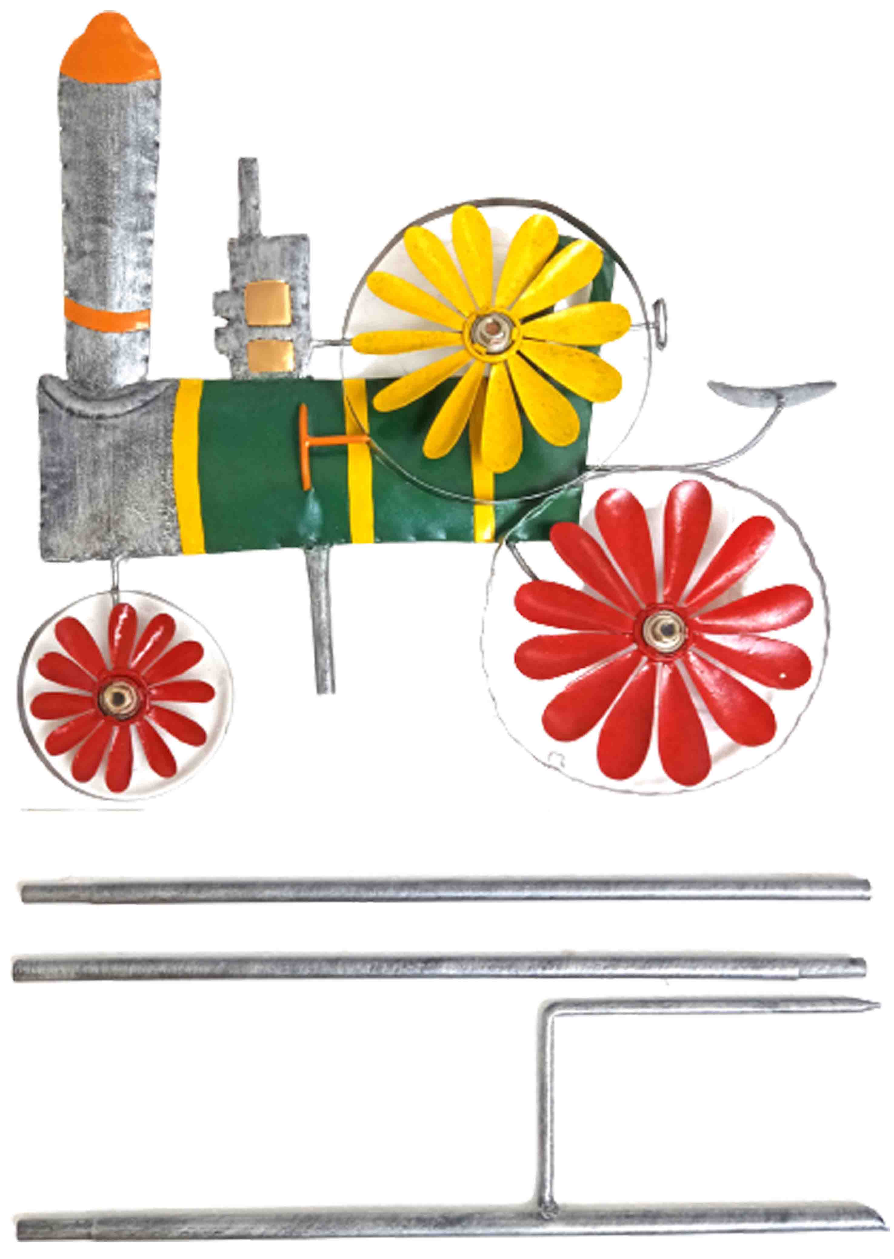 Metal Garden Wind Spinner Rustic Steam Engine Stake